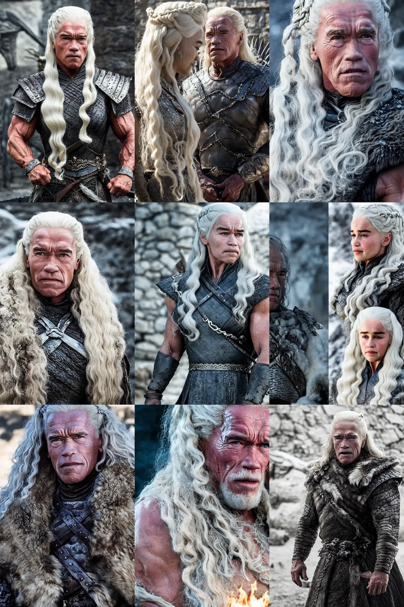 Prompt: still of arnold schwarzenegger as daenerys targaryen in game of thrones