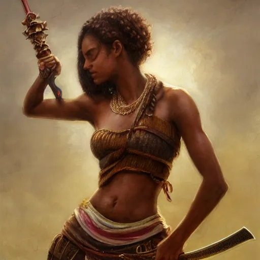 Image similar to artstation concept of a beautiful girl holding a sword in both hands, brown skin, sweaty skin, symmetrical face, casual white garment, brown canyon background, shiny colorful, hyperdetailed, artstation trending, world renowned artists, worth1000.com, historic artworks society, antique renewel, cgsociety, by greg rutkowski, by Gustave Dore, Deviantart