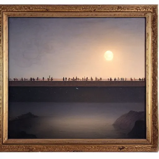 Prompt: A beautiful painting of person walking on the bridge , moon shining in the sky, trending on artstation, oil on canvas by Casper David Friedrich