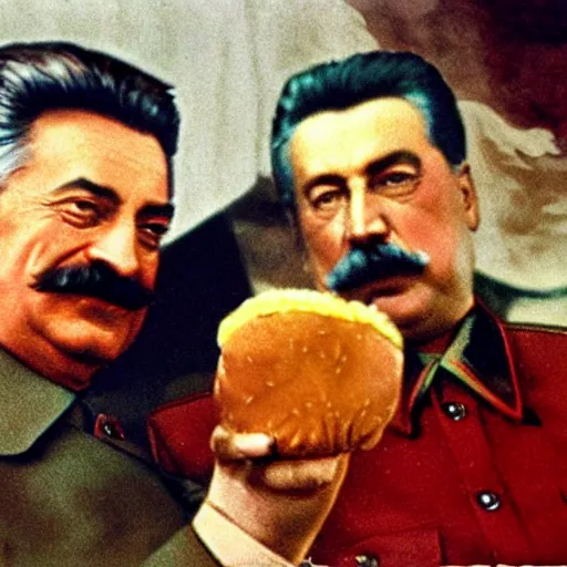 Prompt: stalin shows hand to burger