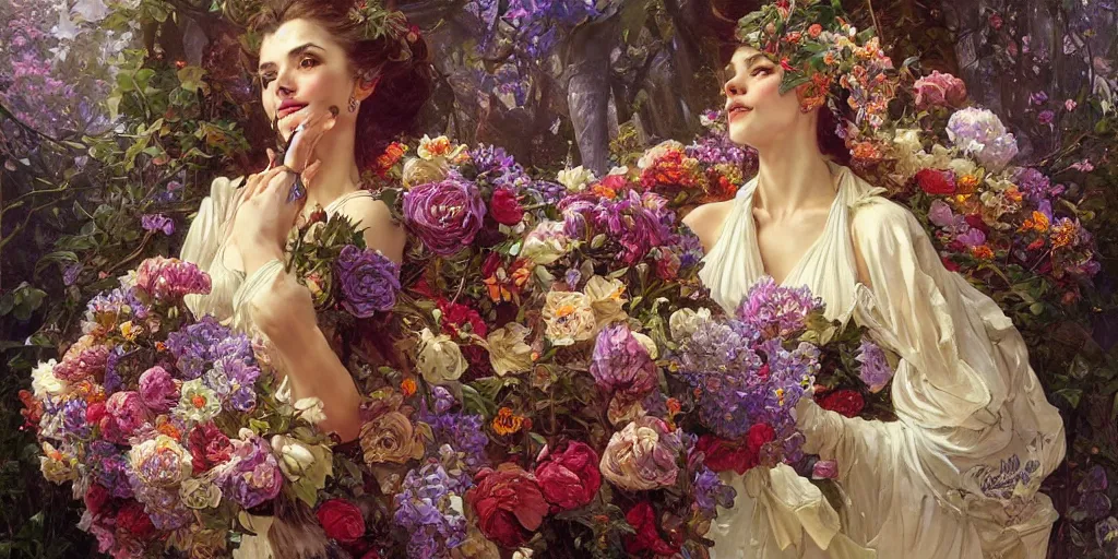 Image similar to portrait of a beautiful mysterious woman holding a large bouquet of flowing flowers, lying in an elaborate coffin, fantasy, regal, intricate, by stanley artgerm lau, greg rutkowski, thomas kindkade, alphonse mucha, loish, norman rockwell