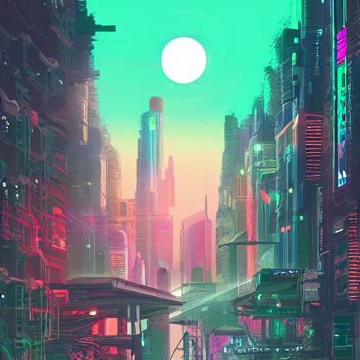 Image similar to digital painting of a cyberpunk city by Dan Mumford, trending on Artstation, hyperdetailed