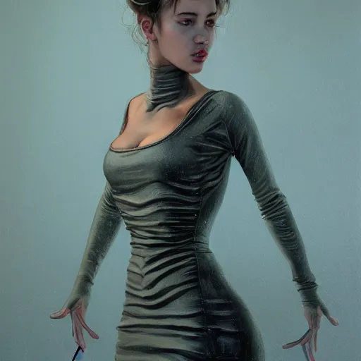 Prompt: painting of a female in a skintight dress, by dan hillier and charlie bowater and pieter claesz 4 k post - processing highly detailed, trending on artstation, cinematic lightning, volumetric lightning, highly detailed, extreme detail, full details, - s 1 5 0