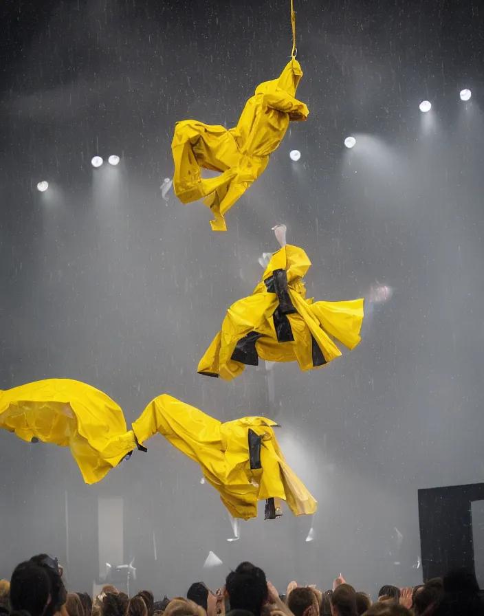 Prompt: yellow zara raincoat flying hanging mid - air on a rainy wet stage designed by james terrell