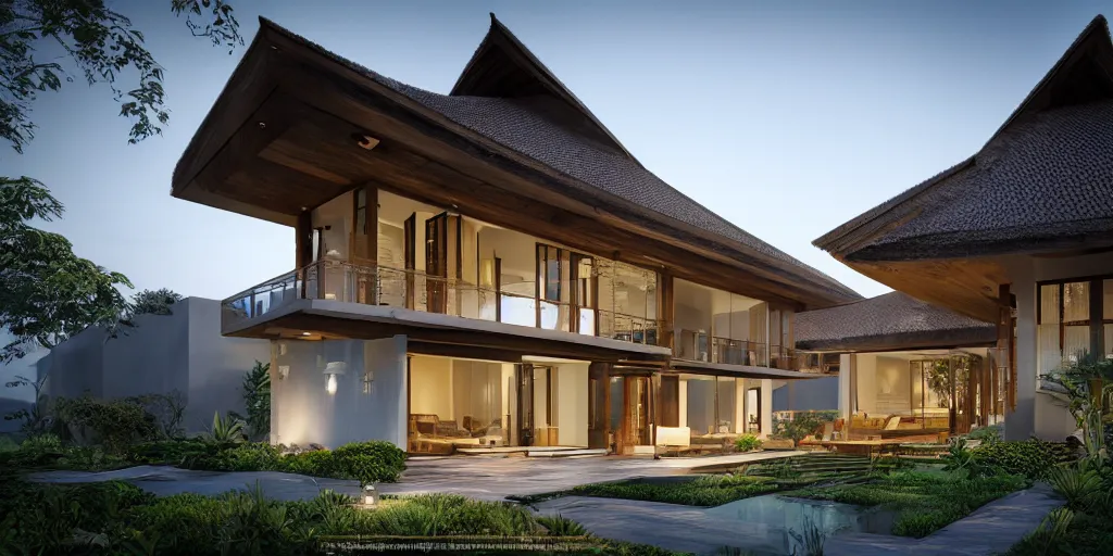 Prompt: 3d rendering of beautiful nature meets architecture concept of a residential house. balinese architecture, volumetric lighting, luxury, high detail, 14mm, cinematic photography, cg architects, high resolution