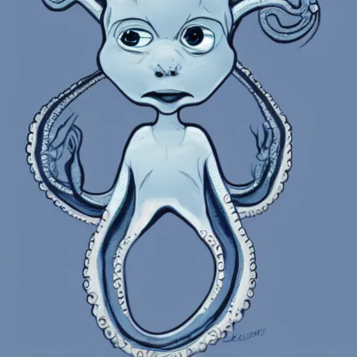 Prompt: character design of an adorable baby faced alien portrait with tentacles on the sides of it's mouth, blue, tiny horns