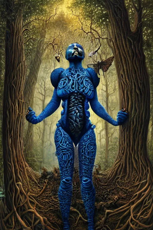 Prompt: hyperrealistic expressive! black woman with detailed exoskeleton armor, merging with tree in a forest, illustration masterpiece brad kunkle hannah yata dramatic blue light low angle hd 8k sharp focus