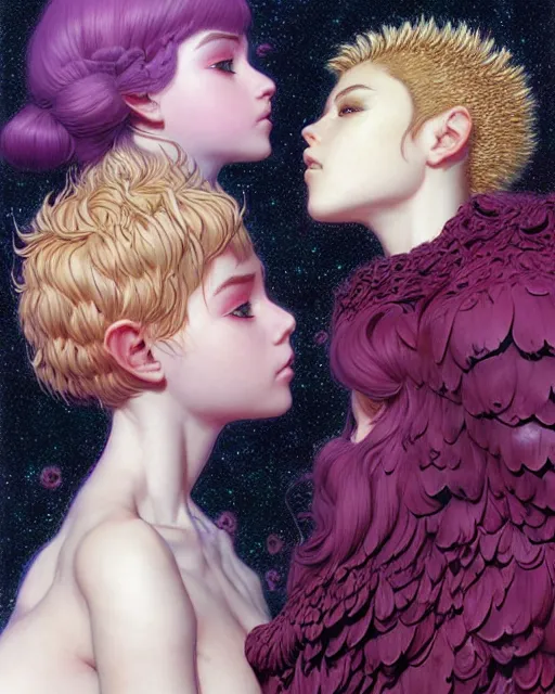 Image similar to portrait of two beautiful cute young maiden girls with short white hairs in warhammer armor kissing, art by ( ( ( kuvshinov ilya ) ) ) and wayne barlowe and gustav klimt and artgerm and wlop