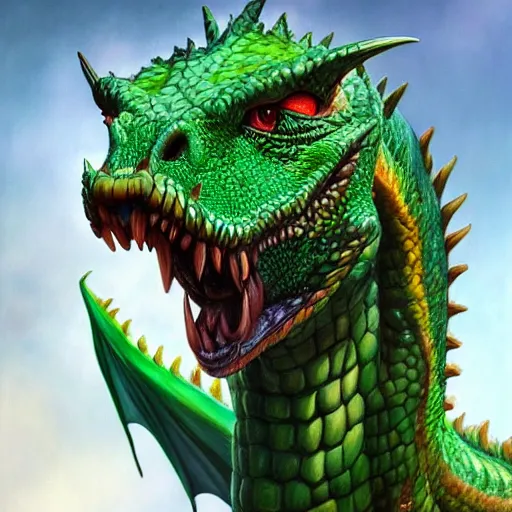 Prompt: realistic, portrait, painting, large green dragon, kodachrome, cgi, hd, detailed