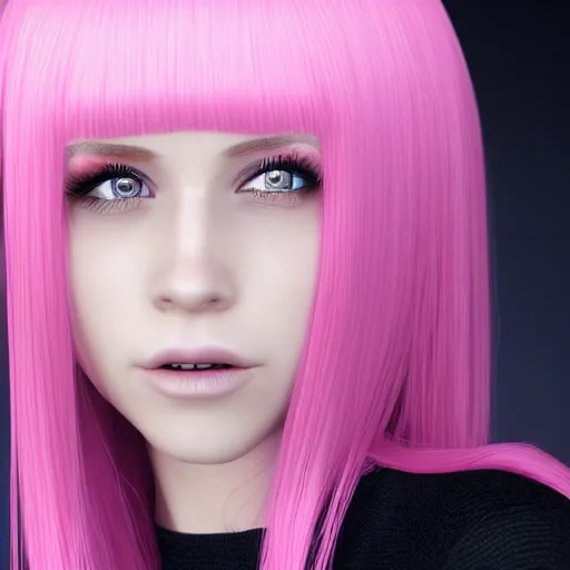 Prompt: A portrait of Nikki from Shining Nikki, a 3d cgi toon young woman with long pink hair, full bangs, hazel amber eyes, full face, light makeup, pale skin, Chinese, medium shot, mid-shot, soft focus, 4k, trending on artstation