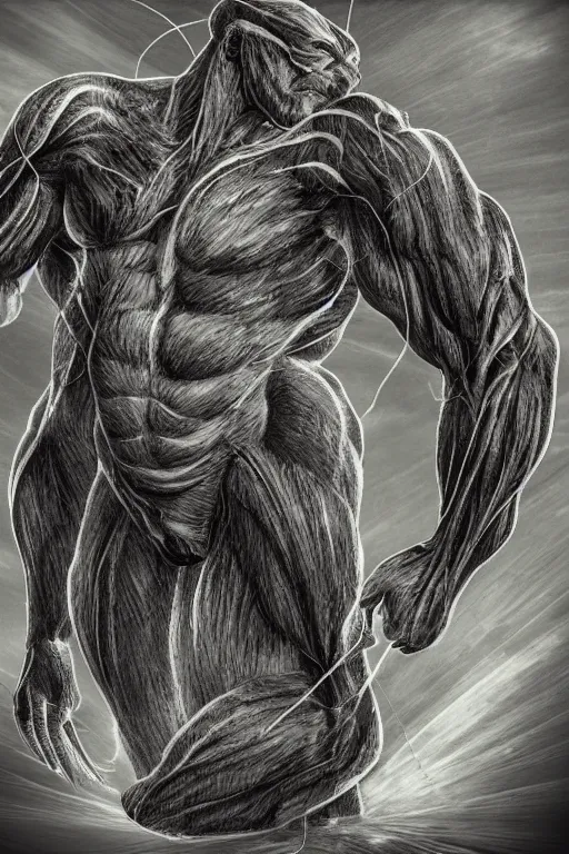 Image similar to muscular creature, veins, troll, fishlike, gills, dragonlike, grown together, overgrown, electronic wires, god rays, dark, skin, plastic wrap,