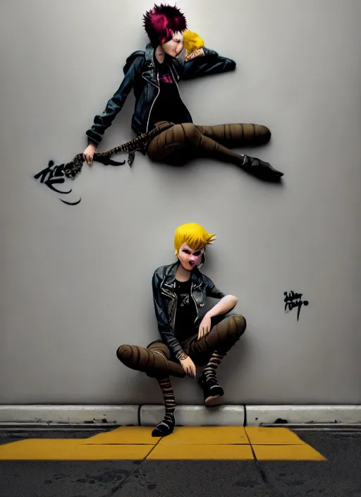 Image similar to highly detailed matte painting, of punk girl sitting on maximalist 3 d calligraphy graffiti tag light eroding grey walls, by atey ghailan, by greg rutkowski, by greg tocchini, by james gilleard, by joe fenton, by kaethe butcher, yellow, brown, black and cyan mystical color scheme, grunge aesthetic, octane render