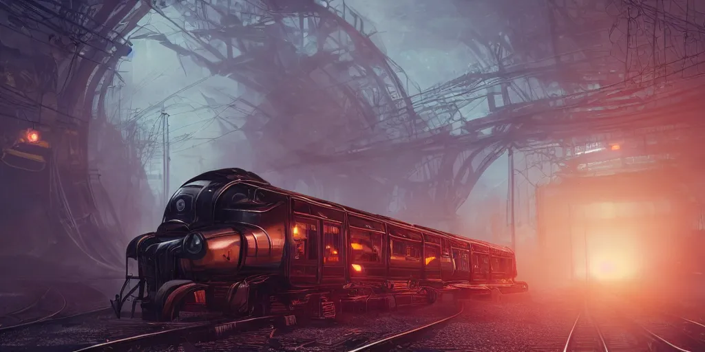 Prompt: futuristic steampunk train in railstation, stunning volumetric lighting, sundown, trending on Artstation, 8k, photorealistic, hyper detailed, unreal engine 5, cinematic, epic lighting, cryengine, octane render, cyberpunk, red and orange glow