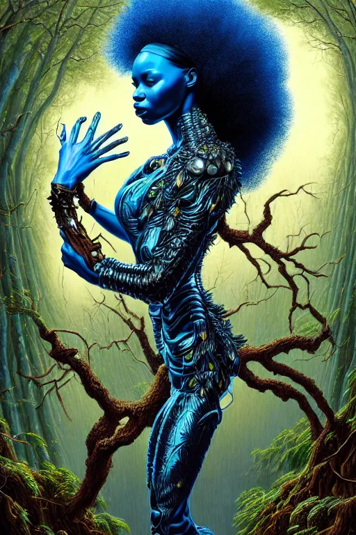 Image similar to hyperrealistic post-rococo super expressive! black woman with exoskeleton armor, merging with tree in a forest, highly detailed digital art masterpiece smooth cam de leon hannah yata dramatic pearlescent blue teal light ground angle hd 8k sharp focus