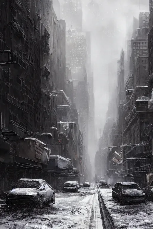 Image similar to Street in post apocalyptic Manhattan new york after a Blizzard, snow Storm, dramatic lighting, cinematic, establishing shot, extremly high detail, photo realistic, cinematic lighting, post processed, concept art, artstation, matte painting, style by eddie mendoza, raphael lacoste, alex ross