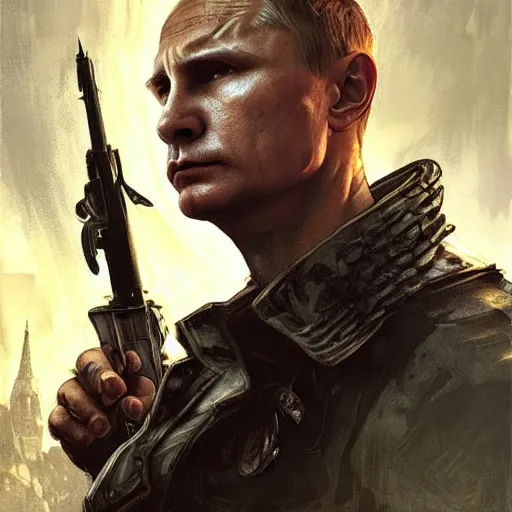 Image similar to Vladimir Putin as as Aiden Caldwell character from Dying Light 2 Stay Human, western, D&D, fantasy, intricate, elegant, highly detailed, digital painting, artstation, concept art, matte, sharp focus, illustration, art by Artgerm and Greg Rutkowski and Alphonse Mucha