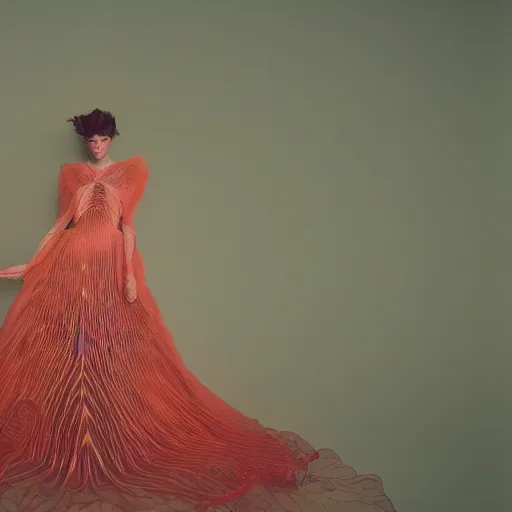 Image similar to Fashion photography of a woman wearing a dress inspired by a jellyfish, artistic photography, insanely detailed, chiaroscuro, cinestill 800t, Vogue magazine