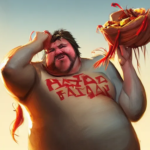 Image similar to portrait of a half fatman half pig eating kebab with long hair tied in a ponytail, light stubble with red shirt ,digital art,photorealistoc,art by greg rutkowski,hyperdetailed,western comic style,comic,comic style,sharp lineart,professional lighting,deviantart,artstation,trevor henderson,rossdtaws,cinematic,dramatic