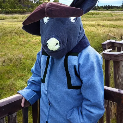 Prompt: donkey Eeyore looking as fisherman in old storm jacket