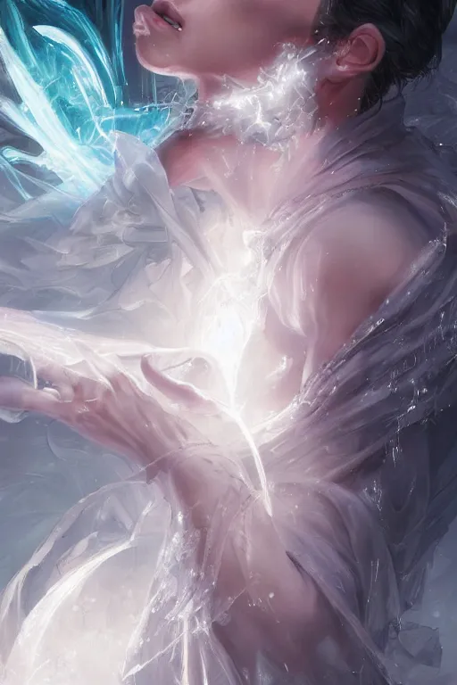 Prompt: torso closeup model wearing crystal white robe, sorcerer wearing robe, diamonds, angel, fantasy, dramatic lighting, highly detailed, digital painting, holding electricity, magic the gathering, hyper detailed, 3 d render, hyper realistic detailed portrait, peter mohrbacher, wlop, ruan jia