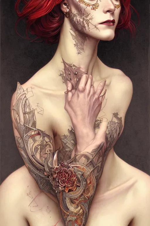 Image similar to portrait of a satanic witch, tattooed face, upper body, decorated, intricate, elegant, highly detailed, digital painting, artstation, concept art, smooth, sharp focus, illustration, art by artgerm and greg rutkowski and alphonse mucha, 8 k