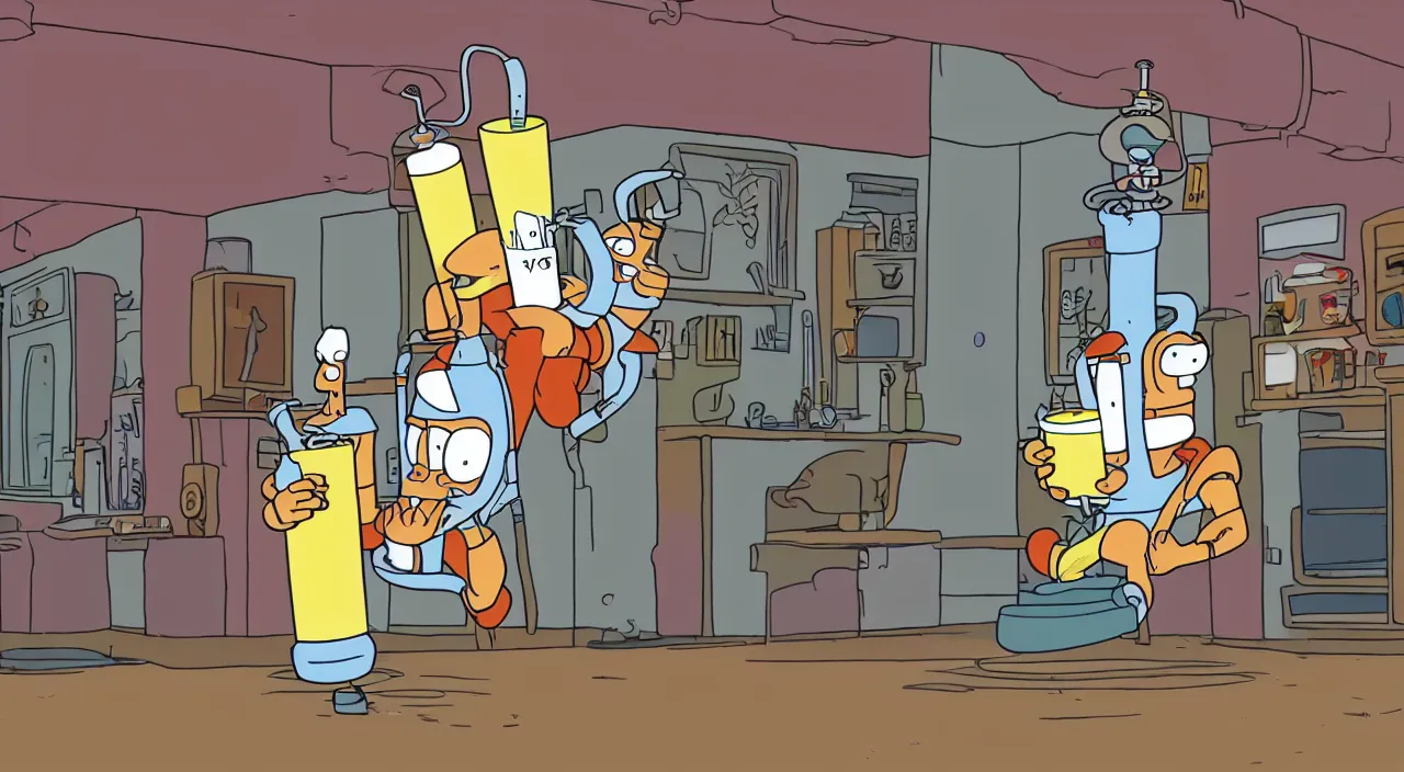 Image similar to a hilarious digital animation still of Bender from Futurama doing a keg-stand while wearing a lampshade in the style of Futurama