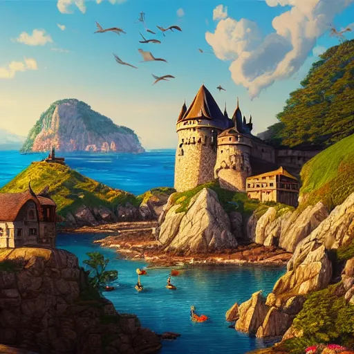 Prompt: a beautiful ultradetailed painting of a medieval castle and bustling town floating on top of a giant rock next to a beach and a clear blue sea mountain range, ilya kuvshinov, trending on artstation