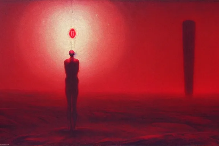 Image similar to only with red, red god of death eat apple, a futuristic city on mars in the background, red worms on the floor, in the style of beksinski, part by hopper, part by rodcenko, part by hofbauer, intricate composition, red by caravaggio, insanely quality, highly detailed, masterpiece, red light, artstation, 8 k