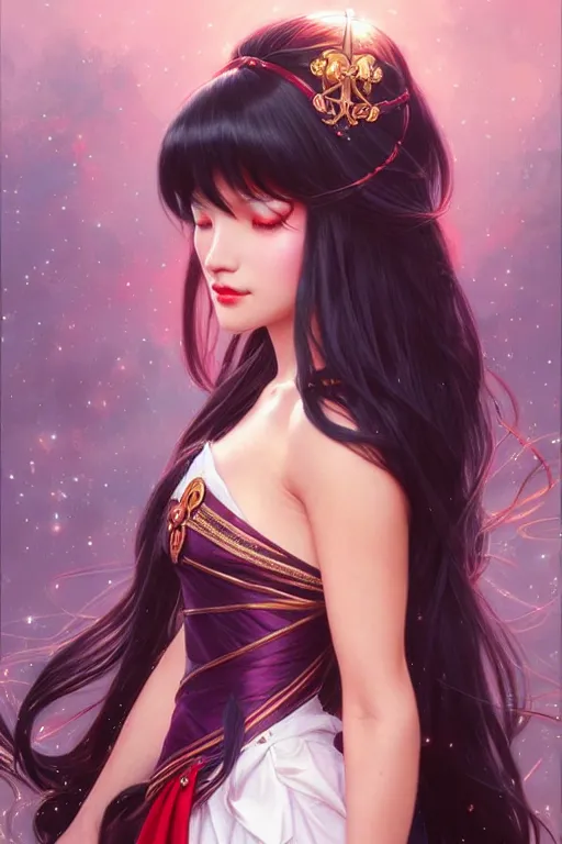 Image similar to a beautiful princess, long black hair and bangs, sailor mars aesthetic, fantasy, intricate, elegant, highly detailed, digital painting, artstation, concept art, matte, sharp focus, illustration, art by Artgerm and Greg Rutkowski and Alphonse Mucha