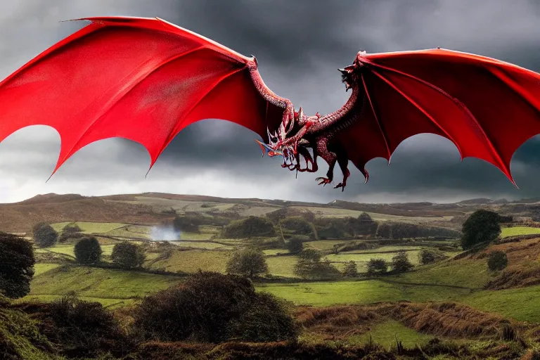 Prompt: welsh countryside with a red dragon flying over still from game of thrones