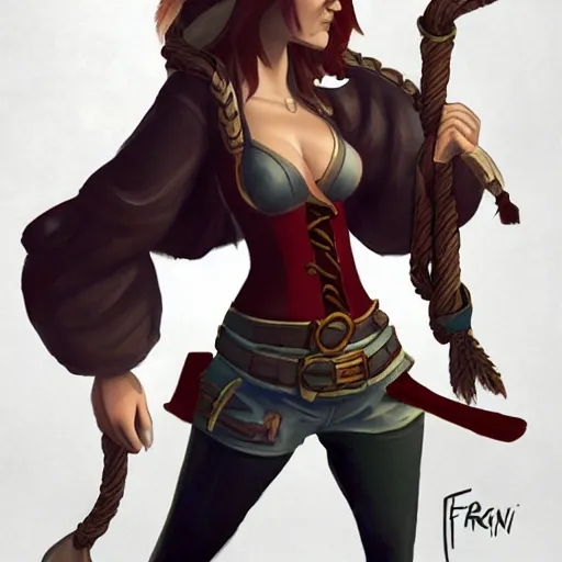 Image similar to full body concept art of a female pirate by Frank Wu