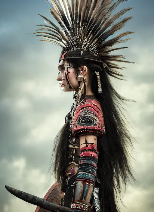 Image similar to hyper detailed image of an Redskin warrior princess wearing a headdress, intricate, elegant, long black hair, hd, 8k, muted colors,