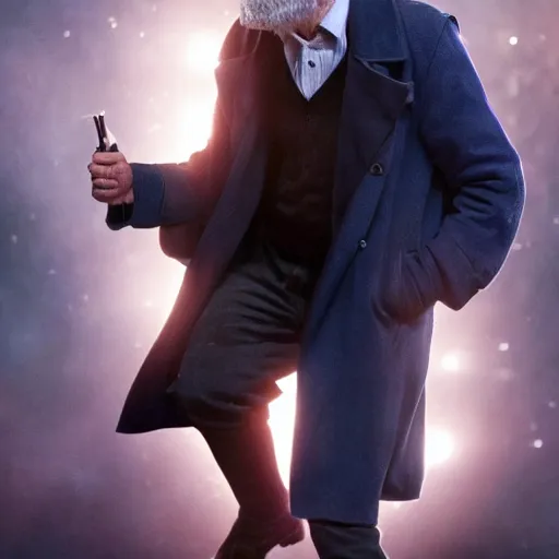 Image similar to tom holland as a rough dirty old man with a scruffy beard in a dark blue trenchcoat as the new doctor who, cinematic, volumetric lighting, f 8 aperture, cinematic eastman 5 3 8 4 film, photorealistic