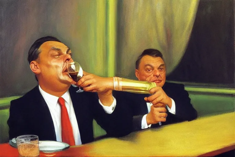 Image similar to viktor orban drinking champagne, highly detailed face by edward hopper