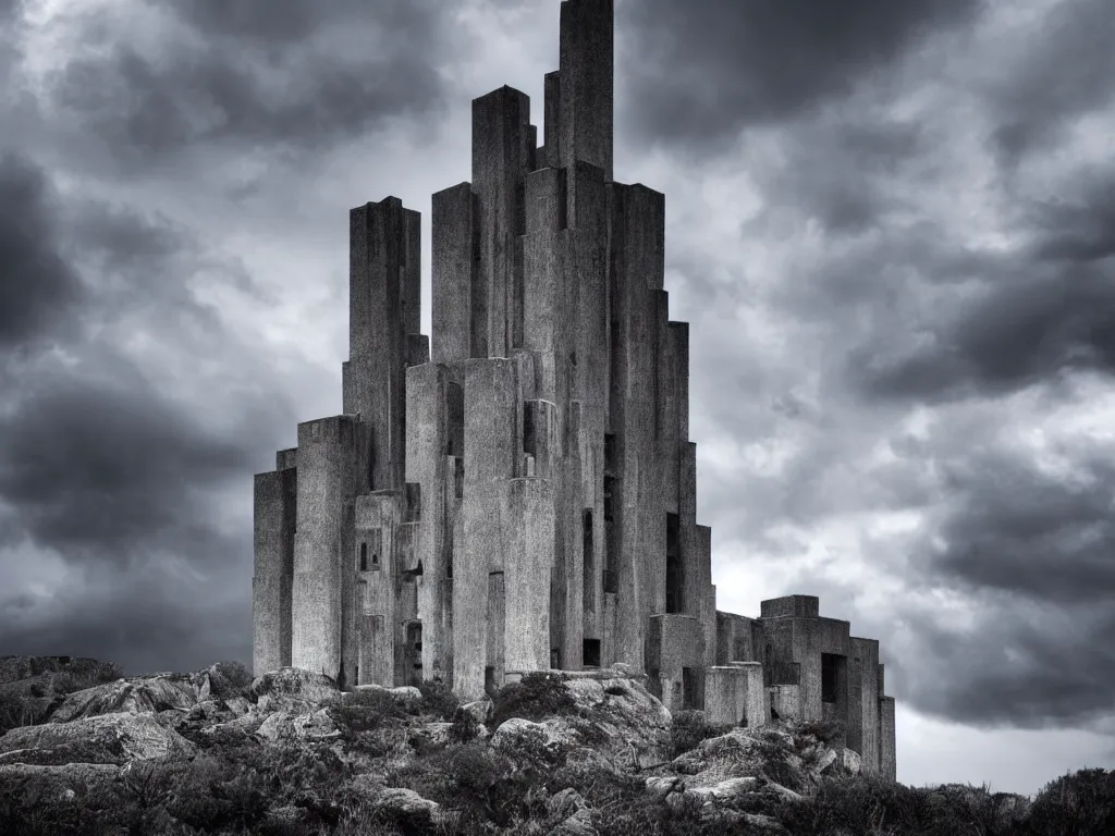 Image similar to photo of a brutalist symmetric cathedral built over a rocky hill, in the middle of a storm. realistic clouds. impressive, magical, very atmospheric, cinematic, very high complexity, stunning, masterpiece, romantic, very detailed. 4 k