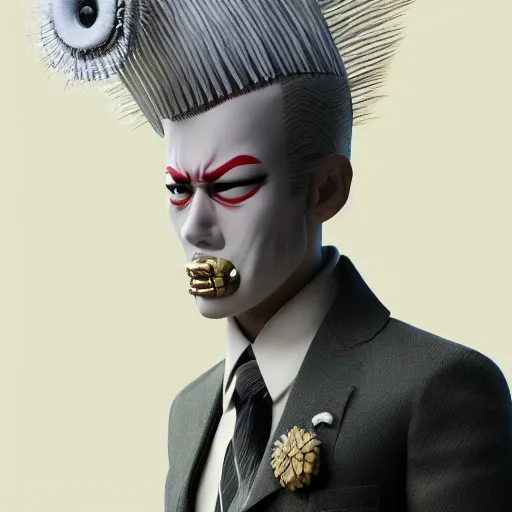 Prompt: japanese salaryman with extremely detailed headdress, inspired by die antwoord beautiful, hand painted textures, cloth physics, deviantart, karol bak, masamune shirow, black and white, beautiful lighting, photorealistic, concept art, perfect render, 3 d render, pixar, 8 k