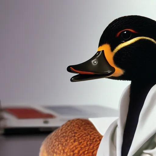 Image similar to a duck wearing a labcoat, computers in the background