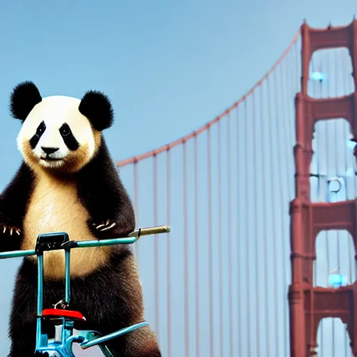 Prompt: a panda holding an umbrella and riding a unicycle on golden gate bridge,