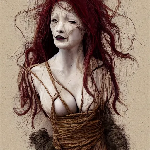 Image similar to portrait of a Shibari rope wrapped face and neck of a store mannequin, headshot, insanely nice professional hair style, dramatic hair color, digital painting, of a old 13th century, traveler, amber jewels, baroque, ornate clothing, scifi, realistic, hyper detailed, chiaroscuro, concept art, art by Franz Hals and Jon Foster and Ayami Kojima and Amano and Karol Bak,