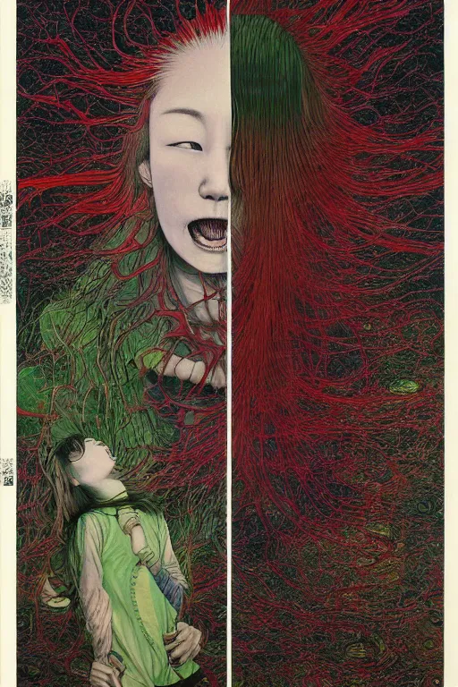 Image similar to realistic detailed image of a Japanese Girl Losing her Mind, Conjuring Psychedelic by Shintaro Kago, Neo-Gothic, gothic, rich deep colors. Beksinski painting, part by Adrian Ghenie and Gerhard Richter. art by Takato Yamamoto. masterpiece