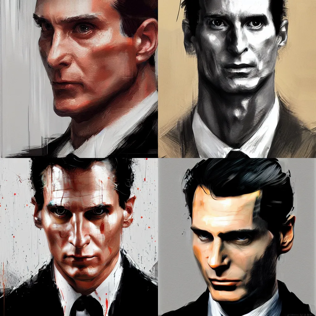 Prompt: A hyperdetailed digital oil portrait painting of Patrick Bateman in the style of Guy Denning and Ruan Jia. Trending on ArtStation and DeviantArt. Digital art.