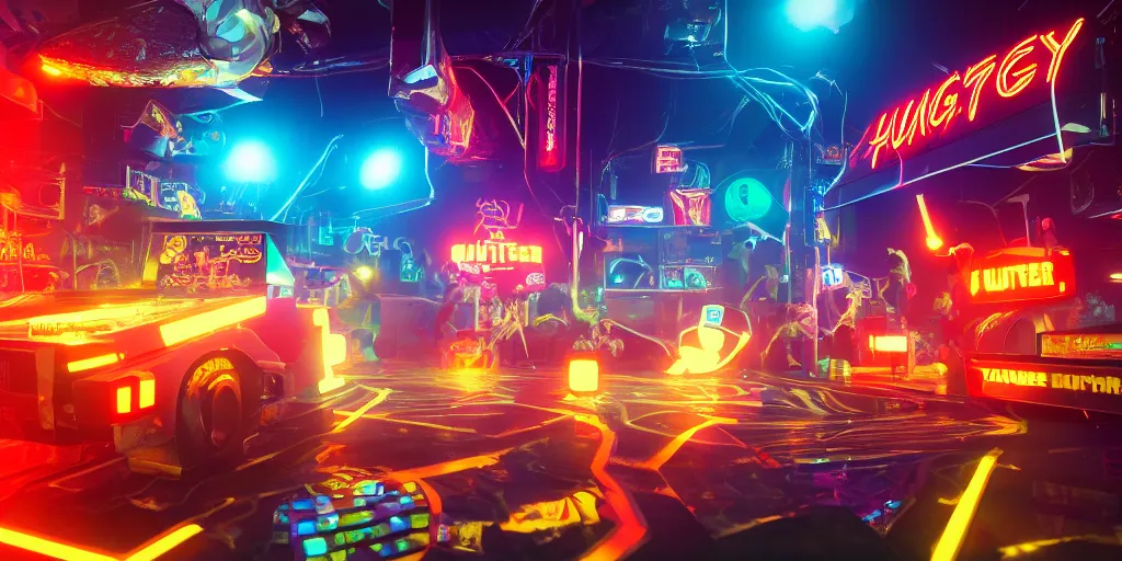 Prompt: An 80's arcade by Kung Fury, by Ready Player One, golden hour, volumetric lighting, rendered by Octane, highly realistic, 4k wallpaper, trending on Artstation