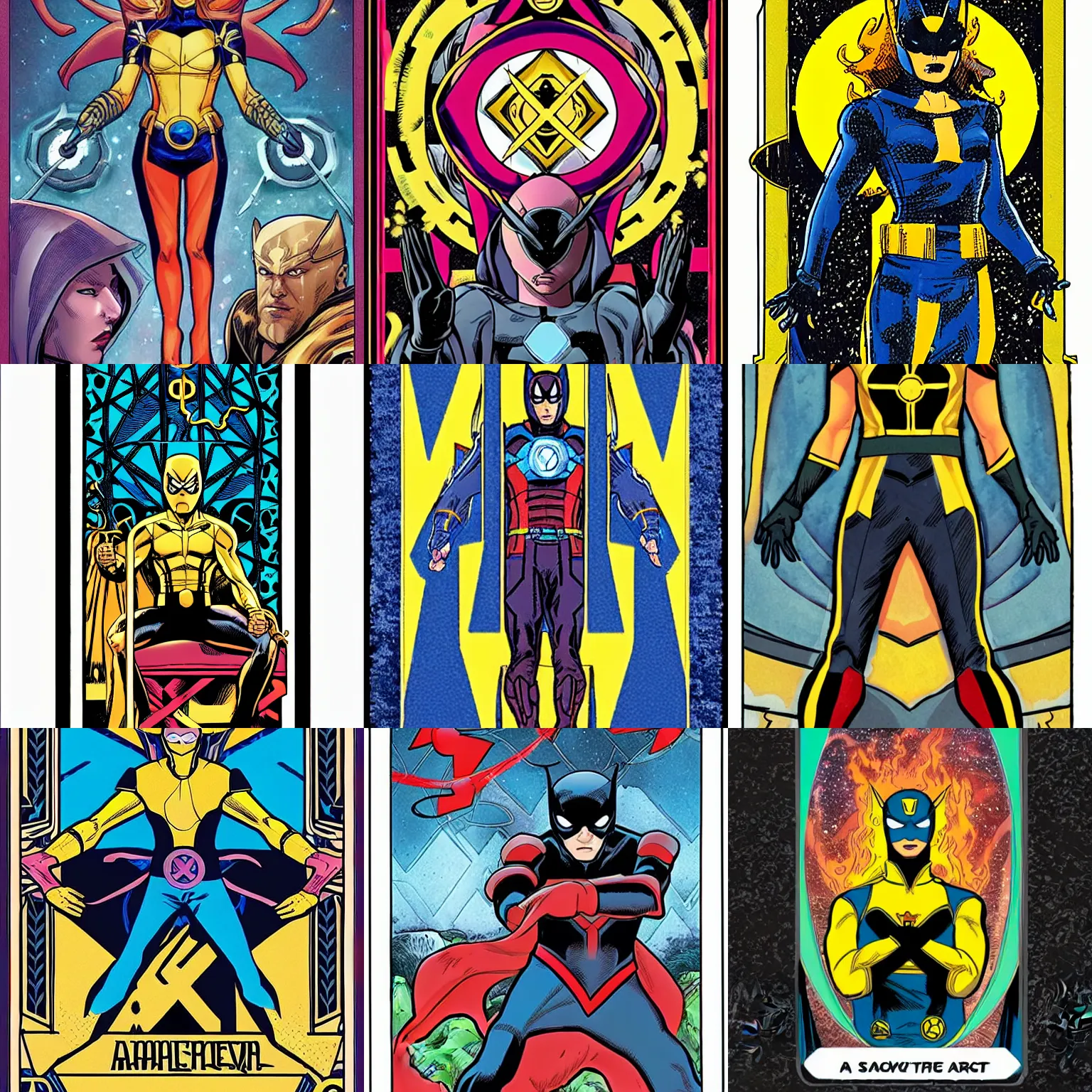 Prompt: a tarot card with xmen theme, marvel comics, symmetrical