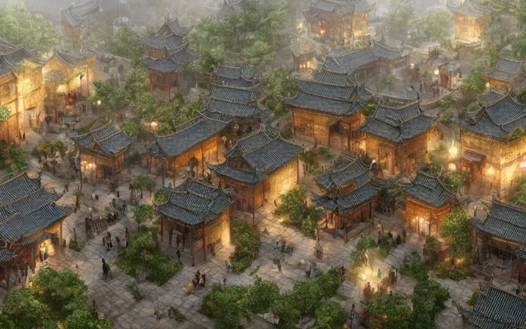 Prompt: the square of a medieval chinese village with a well in the center, arches, orange light, highly detailed, cinematic lighting, render, fantasy