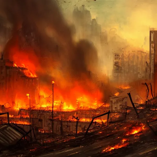 Prompt: a scene of utter destruction, with fires burning and buildings collapsing. painting, digital art, harsh lighting, 4 k hd wallpaper, trending on art station, apocalyptic