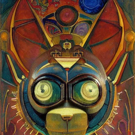 Image similar to masterpiece painting of a bejeweled mechanical robot cat head, by annie swynnerton and diego rivera and nicholas roerich and jean delville, symbolist, dramatic lighting, god rays, elaborate geometric ornament, art brut, rich colors, smooth, sharp focus, extremely detailed, adolf wolfli and ( donato giancola )