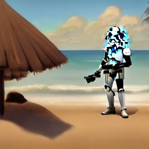 Image similar to vintage disney version of a stormtrooper on the beach, medium shot, digital painting,sharp focus, illustration, art by Walt Disney and Greg Rutkowski