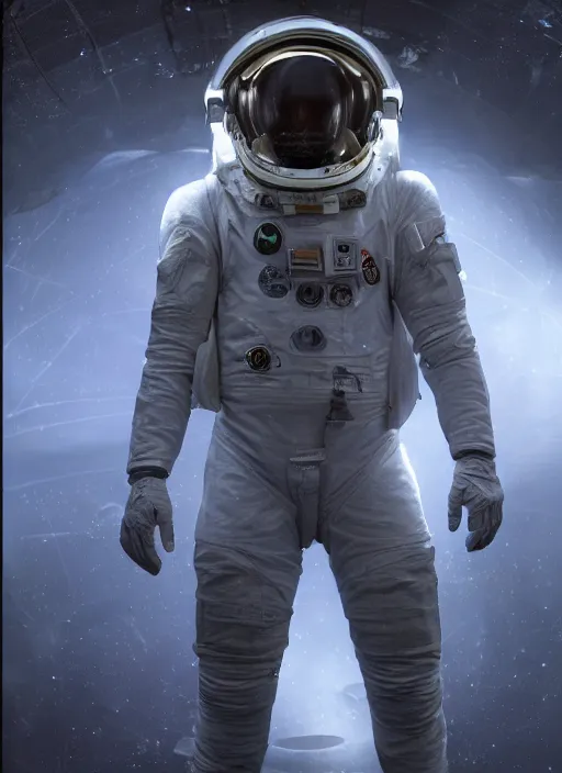 Image similar to concept art by craig mullins astronaut in futuristic dark and empty spaceship underwater. infrared glowing lights. complex and hyperdetailed technical suit. reflection and dispersion materials. rays and dispersion of light. volumetric light. 5 0 mm, f / 3 2. noise film photo. flash photography. unreal engine 4, octane render. interstellar movie art