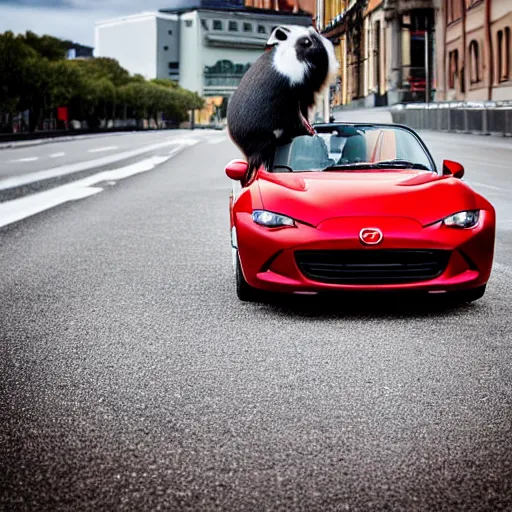 Prompt: a photograph of a guinea pig sitting on the hood of a red mazda mx-5, standing on a road in Stockholm