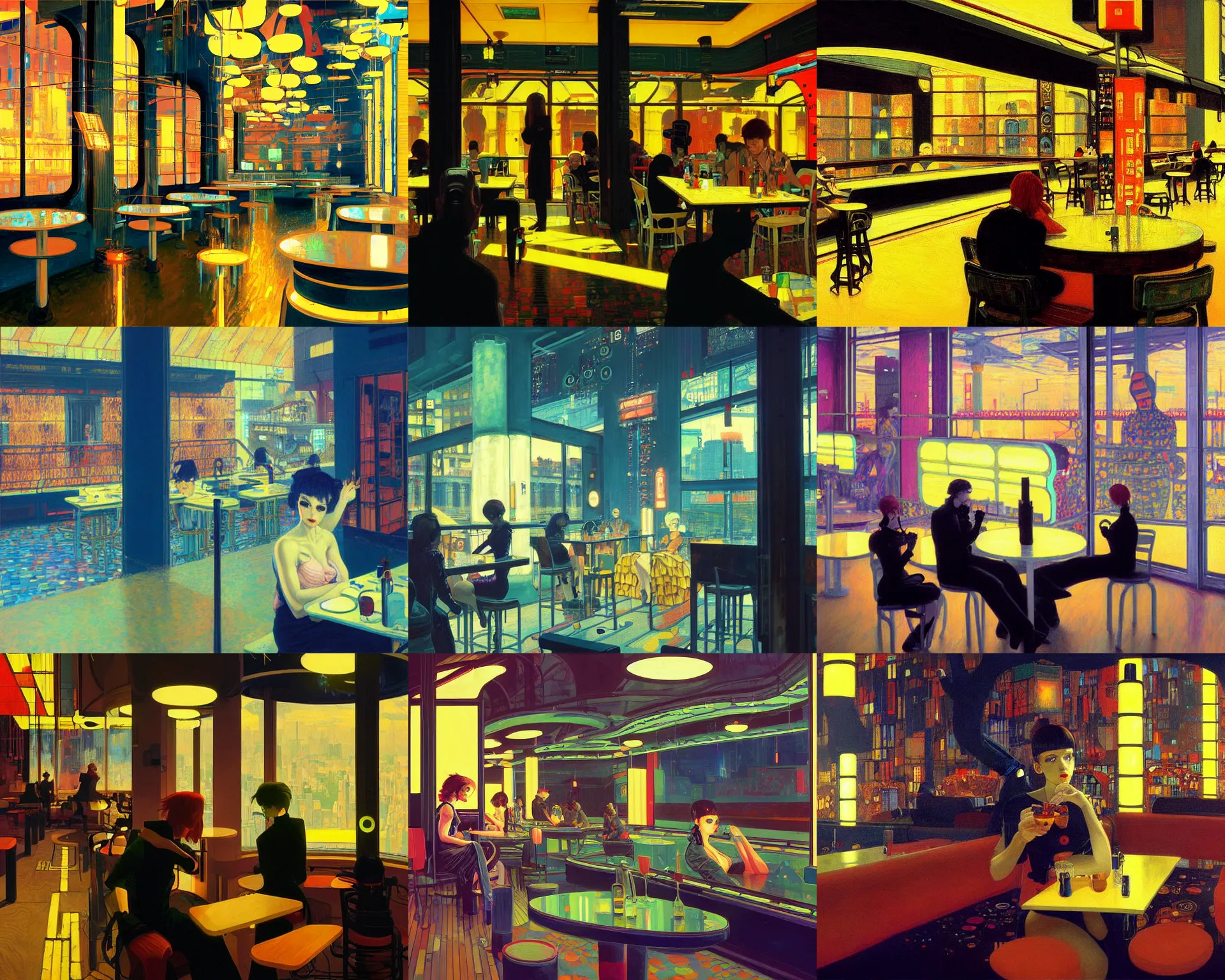 Prompt: A cyberpunk cafe painted by Ilya Kuvshinov and Gustav Klimt and Edward Hopper